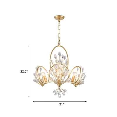 Traditional Branch Pendant Light 3-Bulb Faceted Crystal Chandelier Lamp Fixture in Gold with Ring