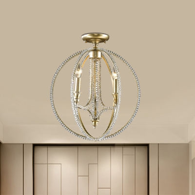 Traditional Candle Semi Flush Mount 3-Head Crystal Flushmount Lighting in Gold with Globe Cage