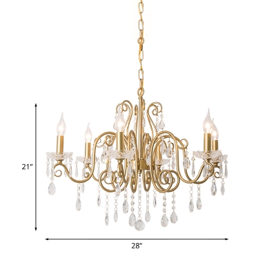 Traditional Scrolls Suspension Light 6-Bulb Metallic Ceiling Chandelier in Gold with Crystal Accent