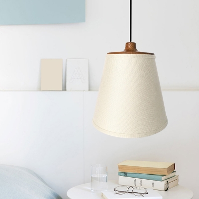White Barrel Pendant Lighting Simple 1 Head Fabric Hanging Lamp kit with Wood Top