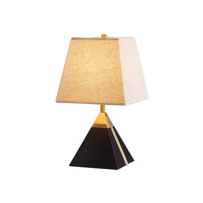 White/Flaxen Trapezoid Table Lighting Modernist 1 Head Fabric Night Lamp with Black Pyramid Base