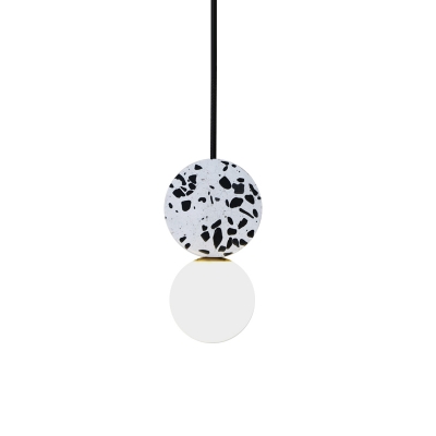 White Glass Orb Hanging Light Modern 1 Light LED Ceiling Pendant Lamp with Black Round Marble Top
