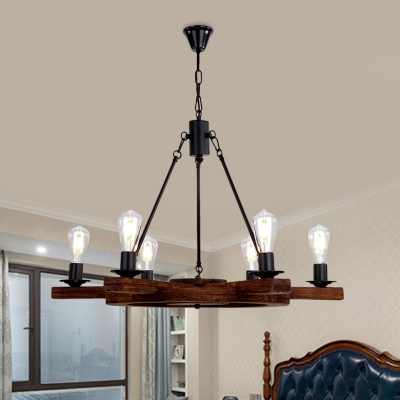 Wood Brown Chandelier Lamp Exposed Bulb 6 Heads Countryside Hanging Light Kit with Rudder Design