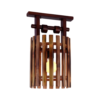 1/2-Light Wood Semi Flush Ceiling Light Rural Style Brown Finish Oval/Cylinder Lighting Fixture