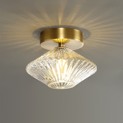 1 Head Bedroom Semi Flush Lighting Modernist Gold Flushmount with Diamond Clear Prismatic Glass Shade