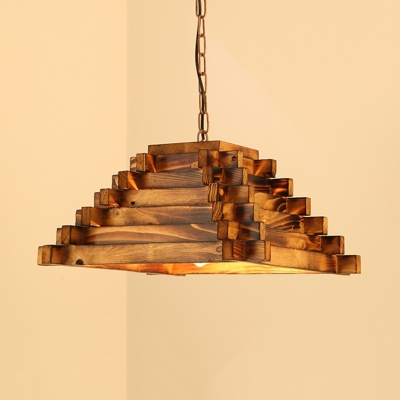 1 Head Drop Pendant Traditional Living Room Hanging Lamp with Trapezoid/Etched Rectangle Wood Shade in Brown