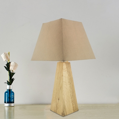 1 Head Nightstand Light Rural Pyramid Fabric Table Lighting in Taupe/White with Wood Base