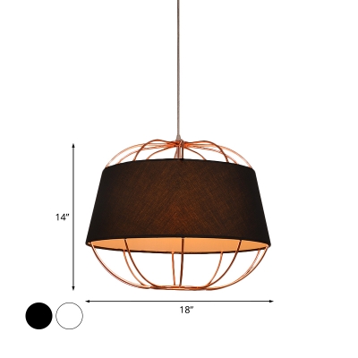 1 Head Pumpkin Cage Drop Pendant Rustic Rose Gold Iron Hanging Lamp with Black/White Fabric Shade