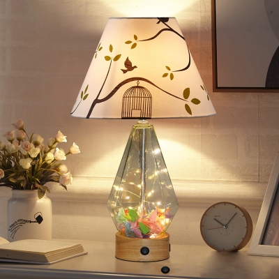 1-Light Nightstand Lamp Pastoral Diamond/Urn/Vase Clear Glass Table Lighting with Patterned Fabric Shade and String/Paper Crane in White
