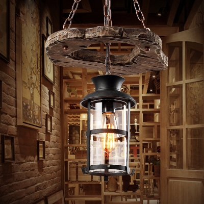 1 Light Pendant Light Fixture Factory Cylinder Clear Glass Down Lighting in Black with Circle Wood Shelf