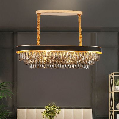 10 Lights Oblong Island Lighting Loft Style Black-Gold Tiered Crystal Droplet Hanging Lamp over Dining Table