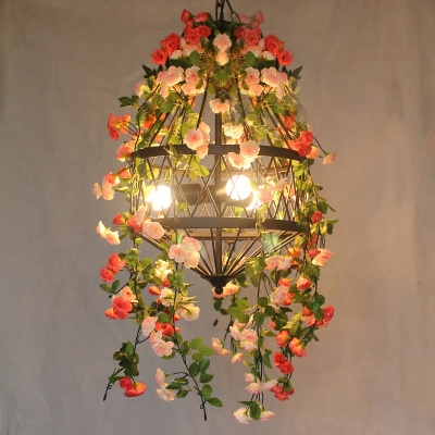 3/4-Light Iron Ceiling Chandelier Retro Black Trellis Cage Restaurant Flower Suspended Lighting Fixture