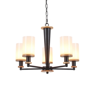 3/5/6-Head Ceiling Chandelier Transitional Cylinder Frosted Glass Hanging Light Fixture in Black