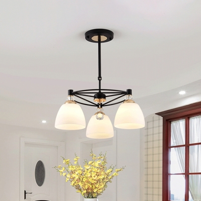 3/6-Head Dining Room Chandelier Lamp Modern Black Hanging Light with Bell Milk Frosted Glass Shade