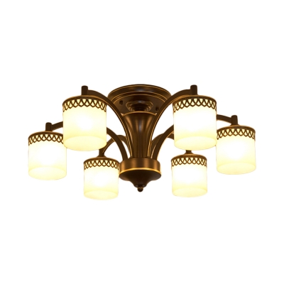 3/6 Heads Semi Flush Light Antiqued Living Room Flush Ceiling Lamp with Cylinder Frosted Glass Shade in Black