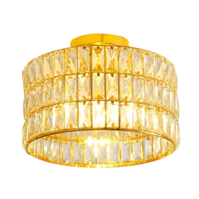 3-Head Drum Ceiling Lighting Contemporary Gold Crystal Block Flush Mount Light Fixture