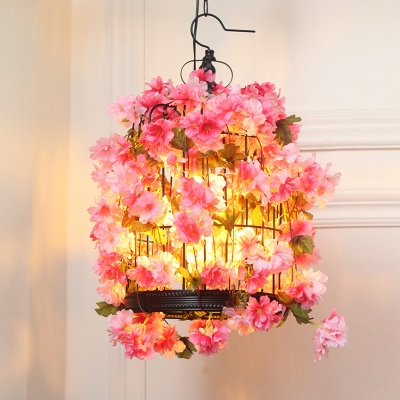 3 Heads Birdcage Pendant Chandelier Retro Pink Iron Ceiling Suspension Lamp with Floral Decor
