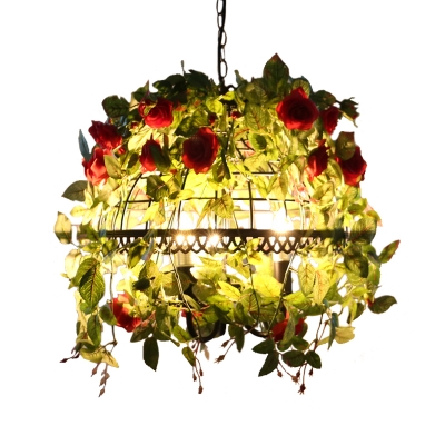 3 Heads Suspension Lamp Iron Rustic Restaurant Chandelier Pendant with Hemisphere Flower Shade in Pink/Red