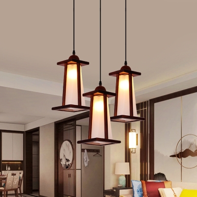 3 Lights Cream Glass Cluster Pendant Light Vintage Wood Trapezoid Dining Room Hanging Lighting with Linear/Round Canopy