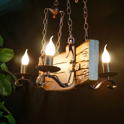 4 Lights Chandelier Light Fixture Warehouse Candle Metal Hanging Pendant in Copper with Rectangle Wood Deco