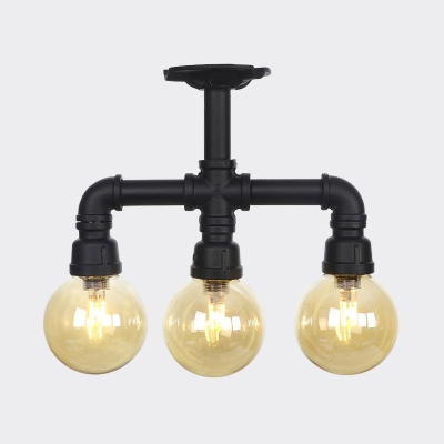 Amber Glass Orb Semi Flush Light Antiqued 3/4 Lights Shop LED Flush Mounted Lamp in Black