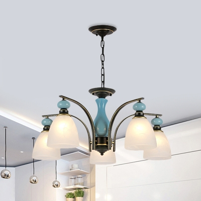 Antiqued Domed Down Lighting 3/5/8-Light White Frosted Glass Chandelier Pendant Lamp in Black and Blue