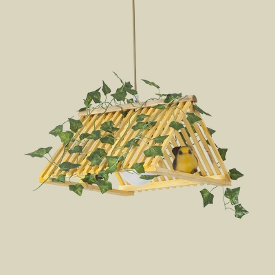 Bamboo Red/Green Plant Pendant Light Triangle Roof 1 Light Cottage Suspended Lighting Fixture