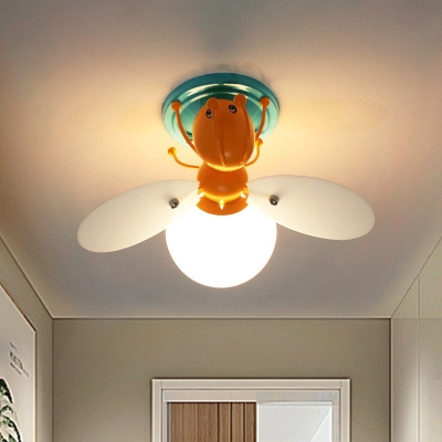 Bee Shape Metal Flush Light Cartoon 1 Light Orange Flush Ceiling Lamp with Orb White Glass Shade