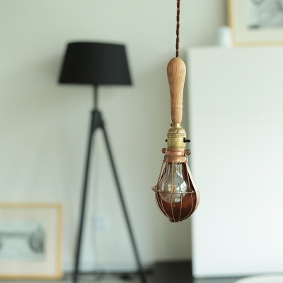 Beige 1-Light Pendant Lighting Industrial Wood Small Bell Hanging Ceiling Lamp for Bedroom