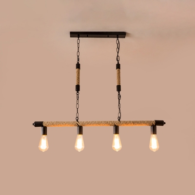Black Bare Bulb Ceiling Chandelier Warehouse Rope 3-Head Dining Room Hanging Pendant with/without Metal Ring Deco