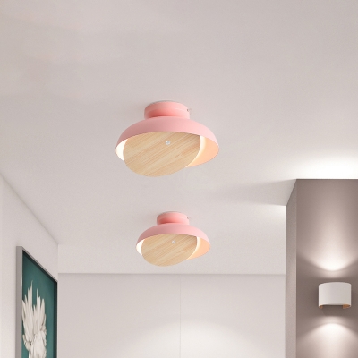 Bowl Shape Iron Ceiling Flush Macaron Pink/Yellow/Green LED Flushmount Lighting with Adjustable Wood Cover for Foyer