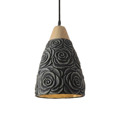 Conical Restaurant Ceiling Light Vintage Cement 1 Light Black and Wood Hanging Lamp with Rose Pattern