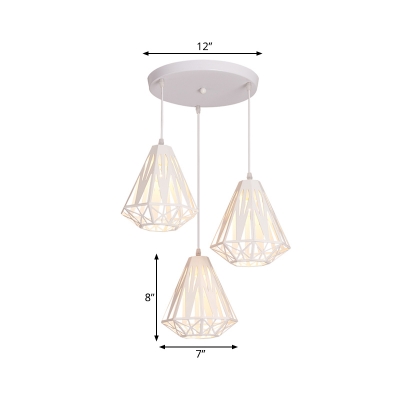 Contemporary Diamond Cage Multi-Pendant Iron 3 Bulbs Dining Room Hanging Light Kit in White with Round Canopy