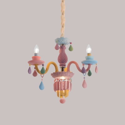 Crystal Candle Chandelier Light Fixture Kids 3/5/6-Bulb Pink Ceiling Pendant Lamp for Girls Bedroom