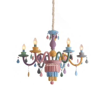 Crystal Candle Chandelier Light Fixture Kids 3/5/6-Bulb Pink Ceiling Pendant Lamp for Girls Bedroom
