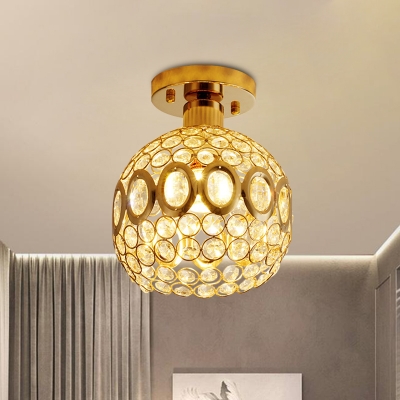 Crystal Embedded Ball Semi Flush Minimalism 1 Head Hallway Ceiling Flush Mount in Gold