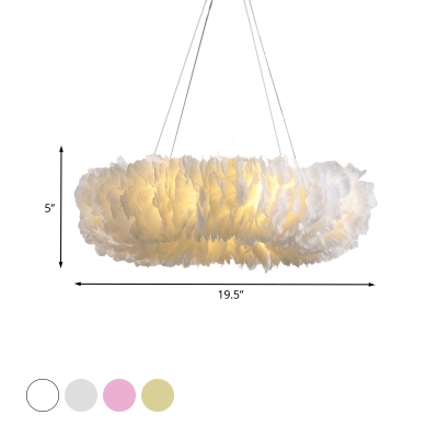 Doughnut Feather Chandelier Light Fixture Modern Fabric 3/6 Lights Bedroom Pendant Lamp in White/Grey/Pink