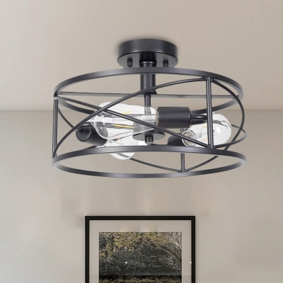 Drum Frame Iron Semi-Flush Ceiling Light Industrial 3 Bulbs Living Room Flush Lamp Fixture in Black