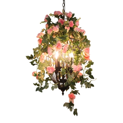 Farm Candlestick Chandelier Pendant Light 3 Heads Metal Flower Hanging Lamp in Black with Urn Wire Cage