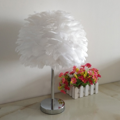 Feather Fabric Night Table Light Modernist 1 Light White/Pink/Grey Desk Lamp with Chrome Metal Base