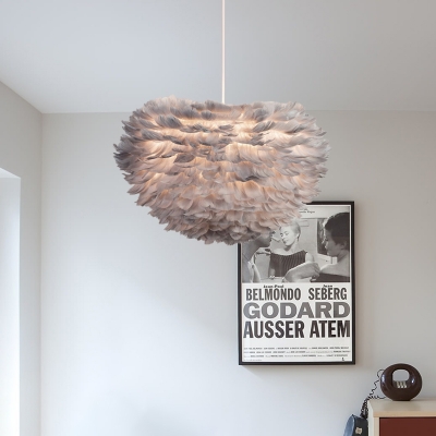 Feather Pendant Chandelier Modernism Fabric 4 Bulbs Bedroom Ceiling Hang Fixture in White/Grey/Pink