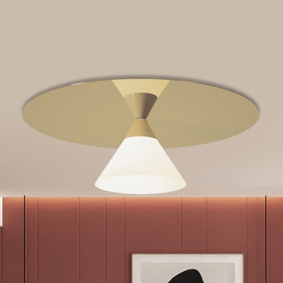 Frosted Glass Cone Flush Light Postmodern 1 Head Ceiling Mount Lighting with Gold Disc Top