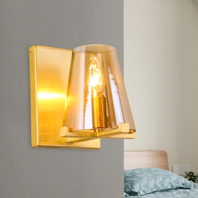 Gold Cone Wall Mount Lamp Mid Century 1-Light Amber Glass Sconce Light with Open Top Design