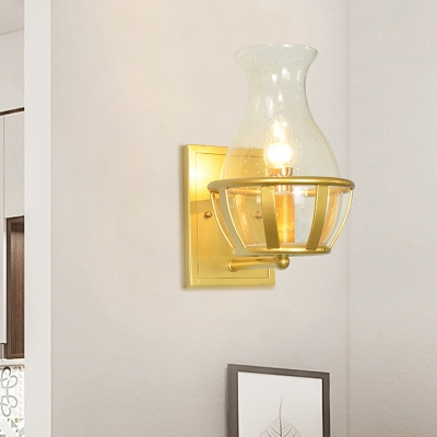 Gold Finish Vase Wall Mount Light Designer 1 Bulb Clear Glass Wall Lamp Sconce with Basket Base