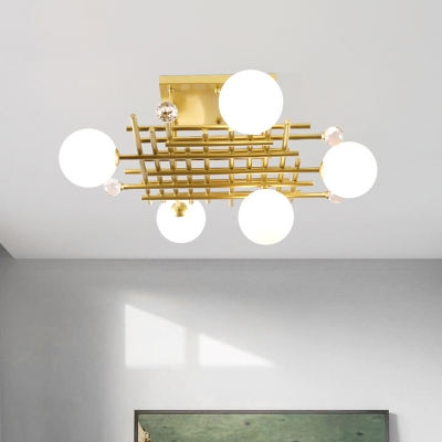 Gold Grid Flush Mount Lamp Mid Century 5-Light Metal Semi Flush Light with Ball White Glass Shade and Crystal Accent
