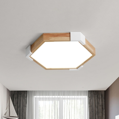Hexagon Bedroom Flushmount Lighting Wood LED Minimalism Ceiling Mounted Fixture in White/Warm Light, 16