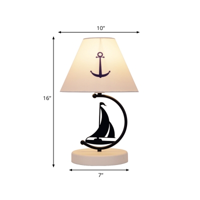 Kid Sailing Boat Nightstand Light Metal 1 Bulb Bedroom Table Lamp with White Cone Fabric Lampshade