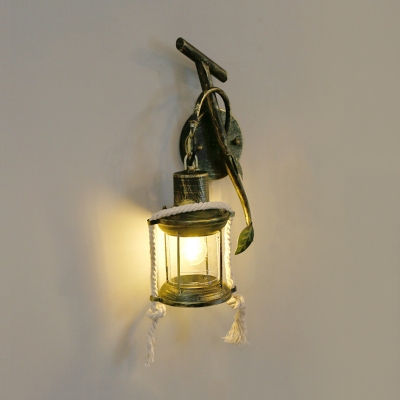 Lantern Clear Glass Wall Light Fixture Loft Style 1-Bulb Dining Room Wall Sconce in Brass with Curved Arm