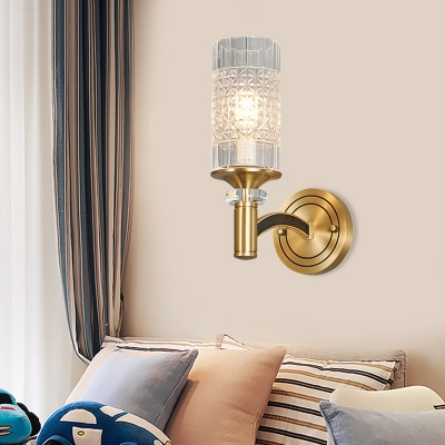 Lattice Crystal Pillar Wall Lamp Mid Century 1/2-Light Sitting Room Sconce Ideas with Brass Curved Arm
