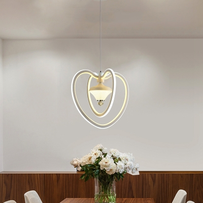 LED Restaurant Hanging Chandelier Minimalist White Dual Loving Heart Frame Ceiling Pendant Light with Conical Acrylic Shade